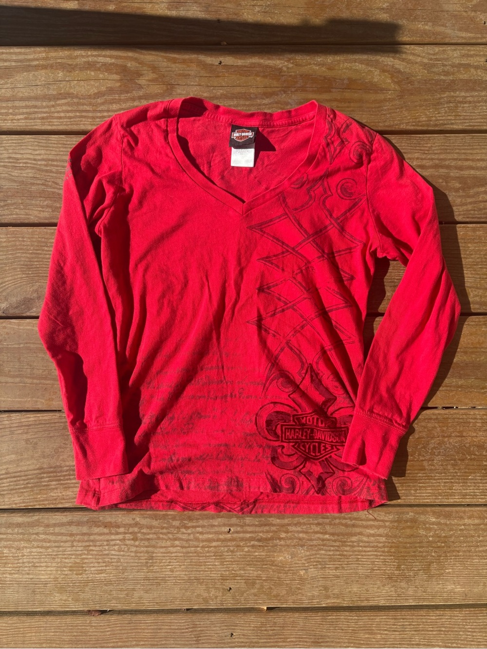 Harley-Davidson Red V-Neck Long Sleeve Tee with Black Accent
